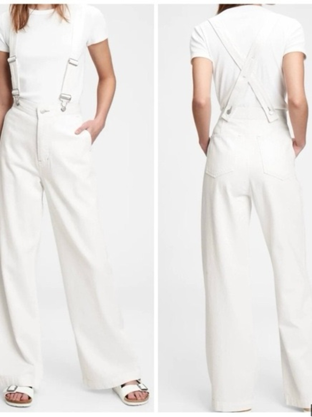 GAP White Wide-Leg Denim Overalls with Cross-Back Straps